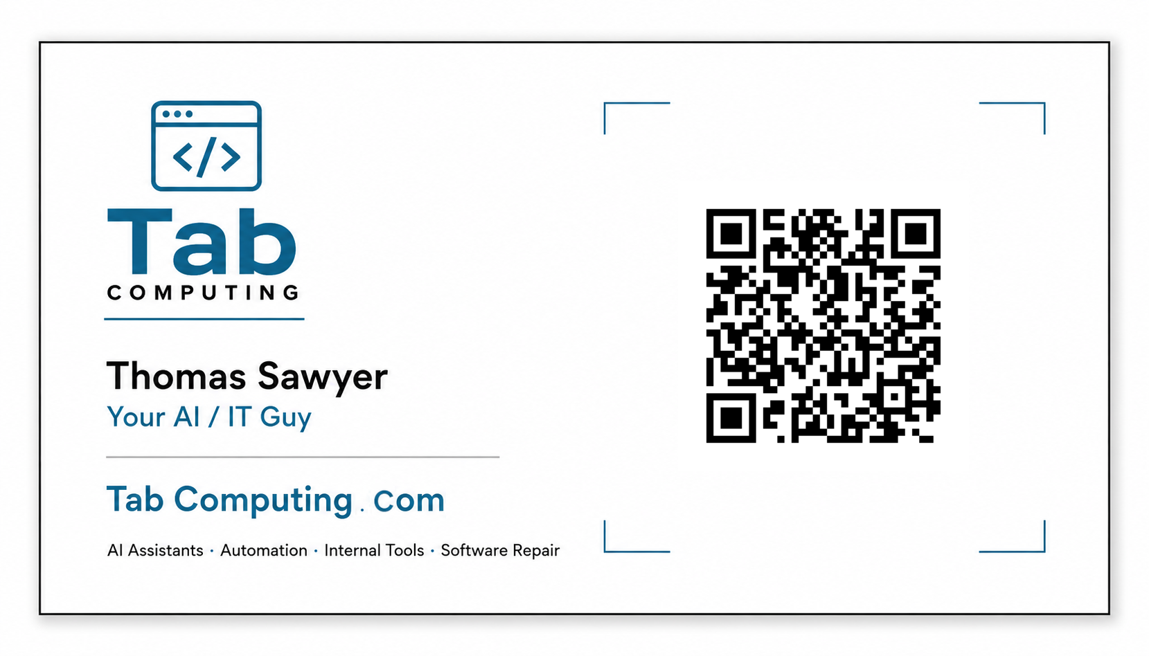 Front of the Tab Computing business card with QR code.